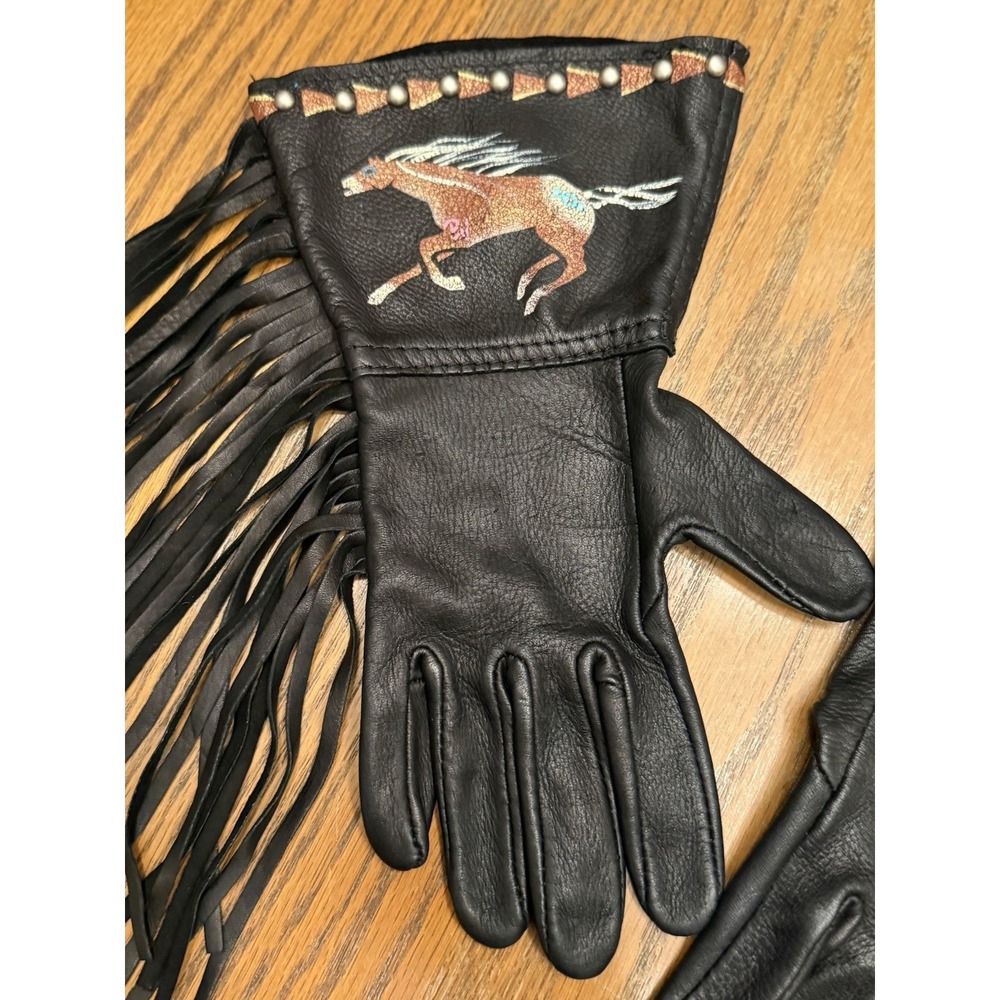 Patricia Wolf Black Leather Hand Painted Gloves Fringe Horses Beaded Cowgirl - Picture 2 of 11